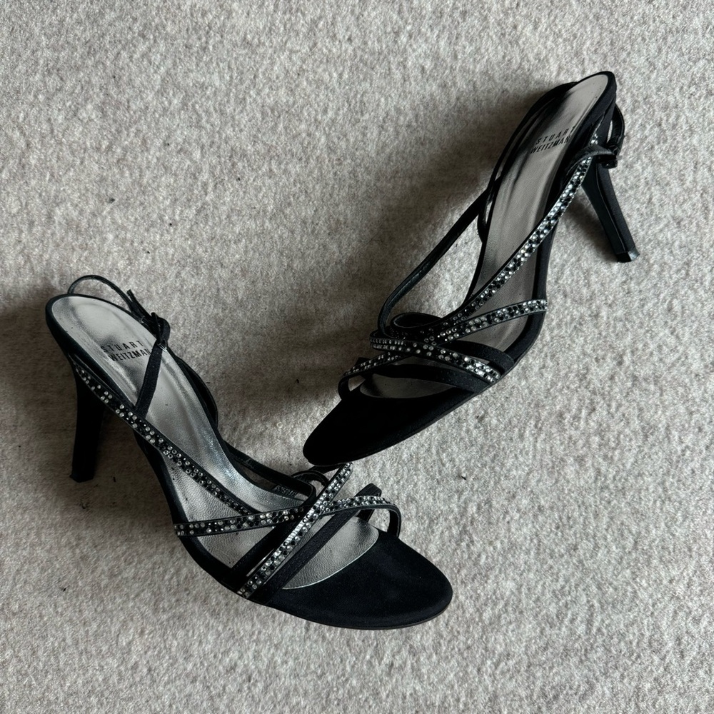 Stuart weitzman Black bedazzled black strapping heels